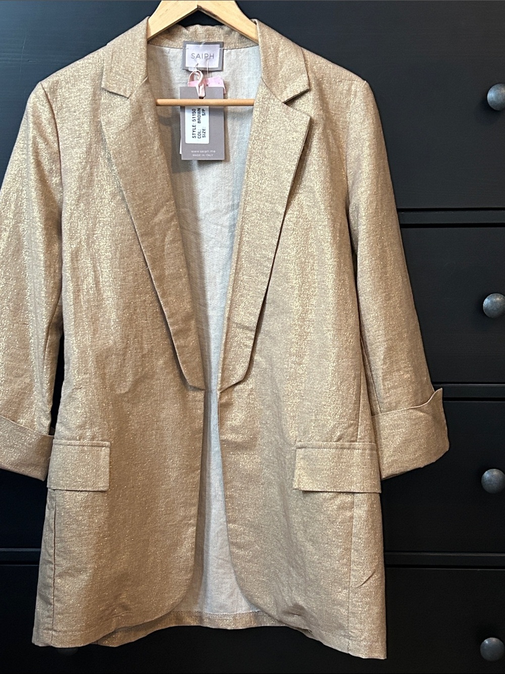 Gold Sparkle Open-Front Linen Blend Blazer Made in Italy
